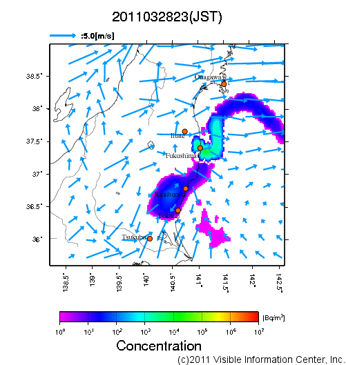 大気中濃度分布[Bq/m3]　2011032823