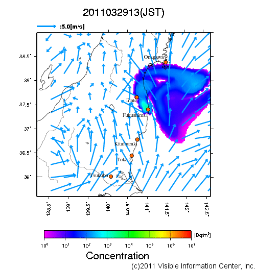 大気中濃度分布[Bq/m3]　2011032913