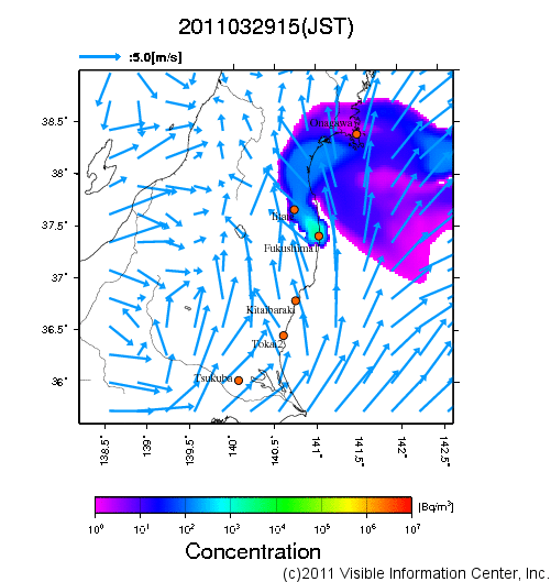 大気中濃度分布[Bq/m3]　2011032915