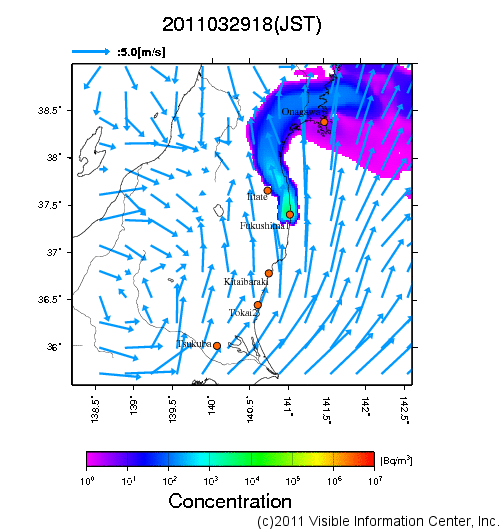 大気中濃度分布[Bq/m3]　2011032918