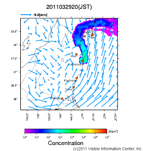 地表付近 大気中濃度分布[Bq/m3]　2011-03-29 20時