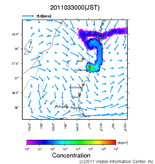 大気中濃度分布[Bq/m3]　2011033000