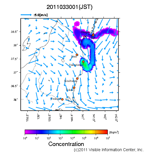 大気中濃度分布[Bq/m3]　2011033001