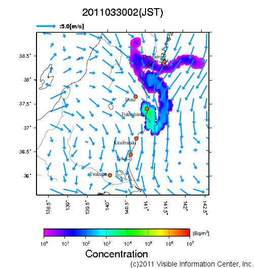 大気中濃度分布[Bq/m3]　2011033002