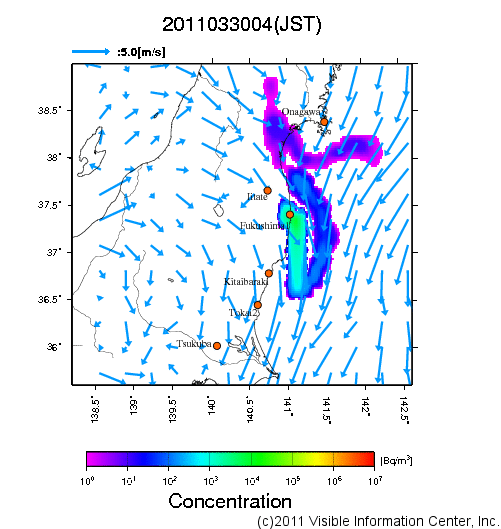 大気中濃度分布[Bq/m3]　2011033004