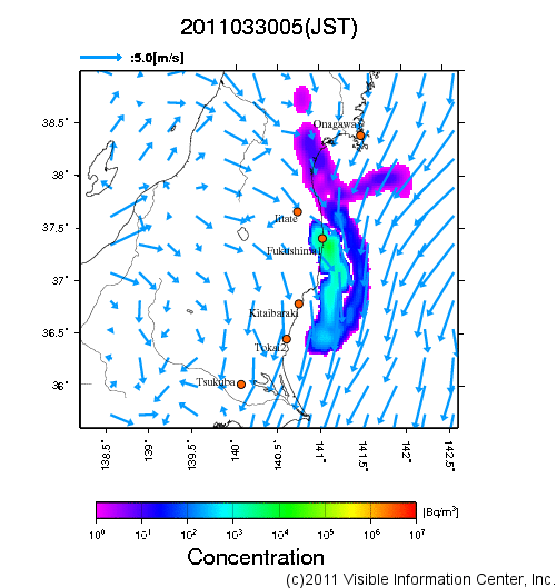 大気中濃度分布[Bq/m3]　2011033005