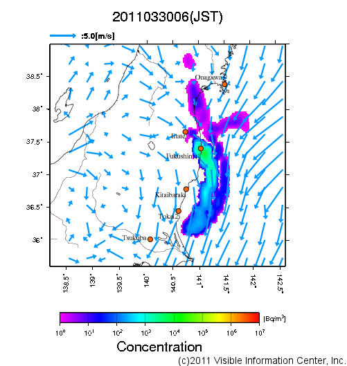 大気中濃度分布[Bq/m3]　2011033006