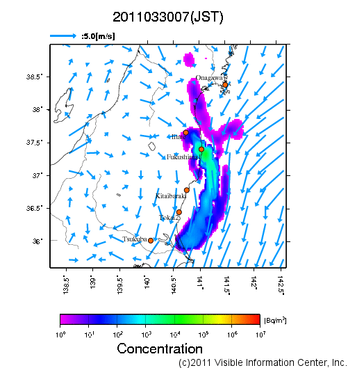 大気中濃度分布[Bq/m3]　2011033007