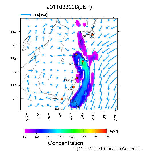 大気中濃度分布[Bq/m3]　2011033008