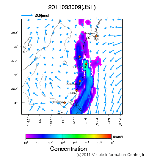 大気中濃度分布[Bq/m3]　2011033009