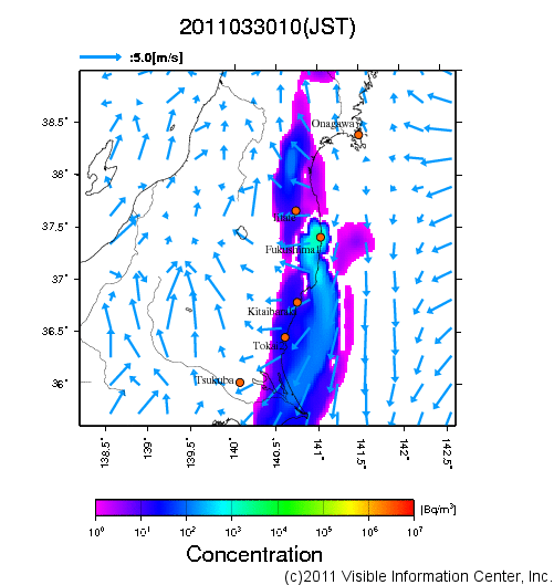 大気中濃度分布[Bq/m3]　2011033010