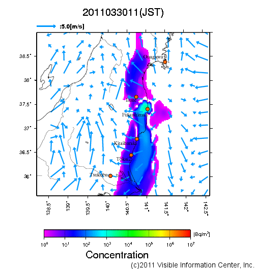 大気中濃度分布[Bq/m3]　2011033011