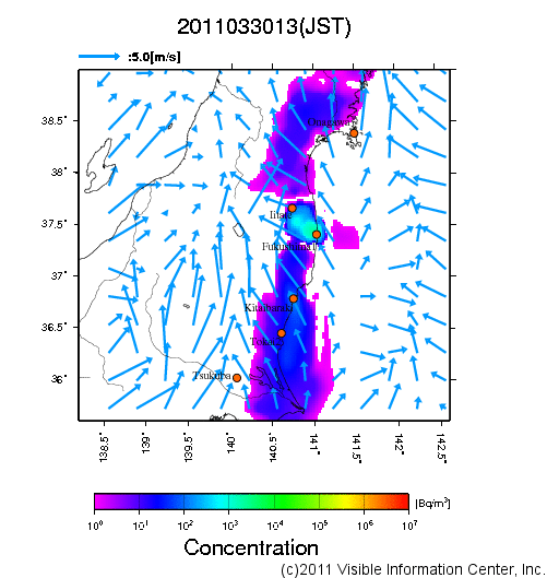 地表付近 大気中濃度分布[Bq/m3]　2011-03-30 13時