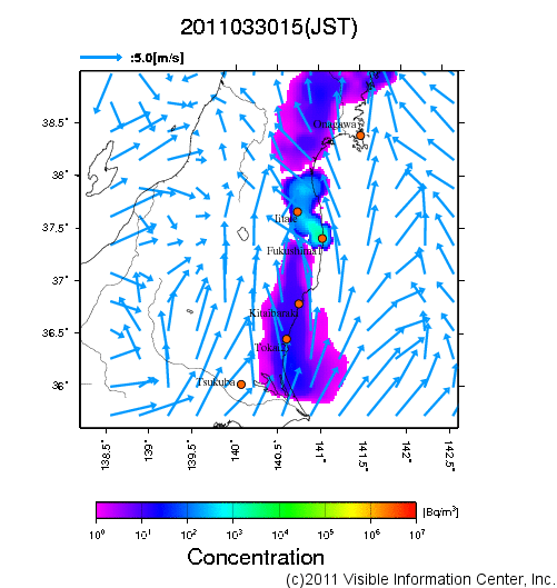 地表付近 大気中濃度分布[Bq/m3]　2011-03-30 15時