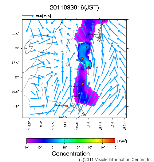 大気中濃度分布[Bq/m3]　2011033016