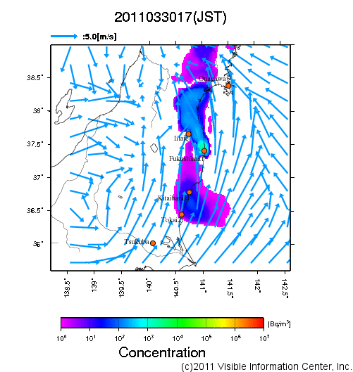 大気中濃度分布[Bq/m3]　2011033017