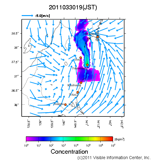大気中濃度分布[Bq/m3]　2011033019