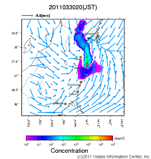 大気中濃度分布[Bq/m3]　2011033020