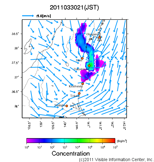 大気中濃度分布[Bq/m3]　2011033021