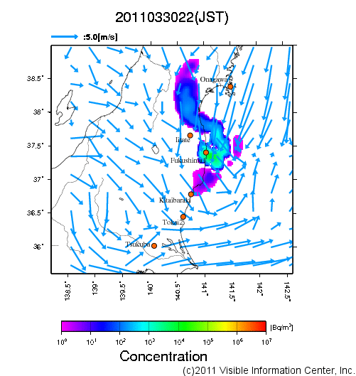 地表付近 大気中濃度分布[Bq/m3]　2011-03-30 22時