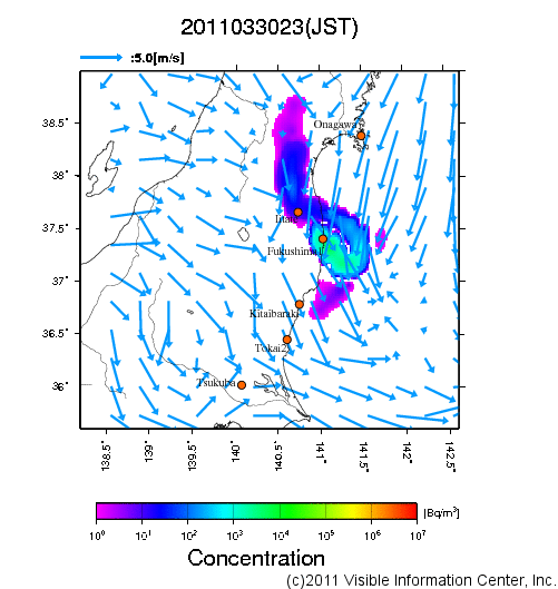 大気中濃度分布[Bq/m3]　2011033023