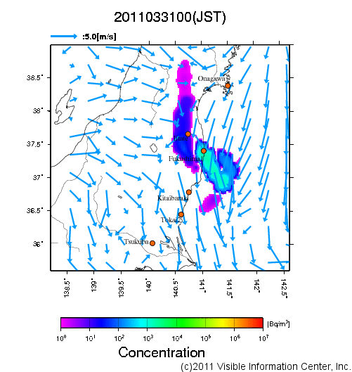 大気中濃度分布[Bq/m3]　2011033100
