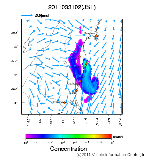 大気中濃度分布[Bq/m3]　2011033102