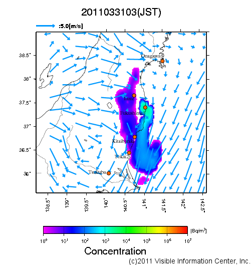 大気中濃度分布[Bq/m3]　2011033103
