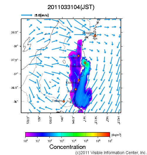 地表付近 大気中濃度分布[Bq/m3]　2011-03-31 04時