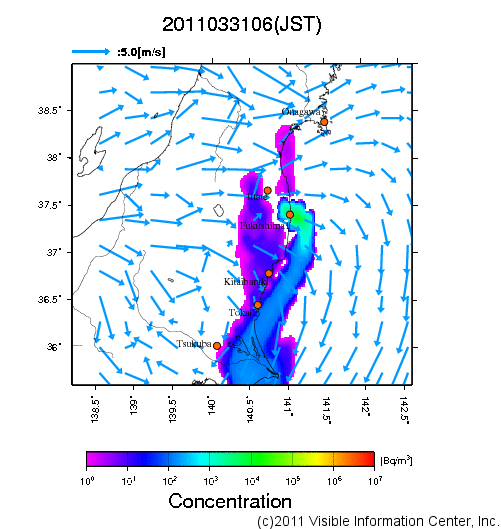 地表付近 大気中濃度分布[Bq/m3]　2011-03-31 06時