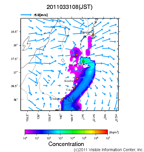 大気中濃度分布[Bq/m3]　2011033108