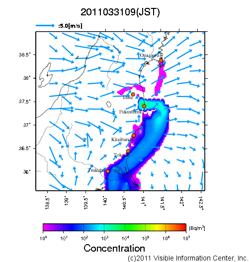 地表付近 大気中濃度分布[Bq/m3]　2011-03-31 09時