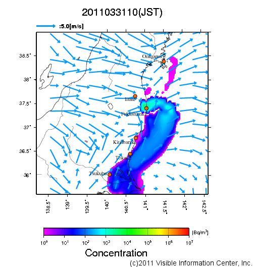 地表付近 大気中濃度分布[Bq/m3]　2011-03-31 10時