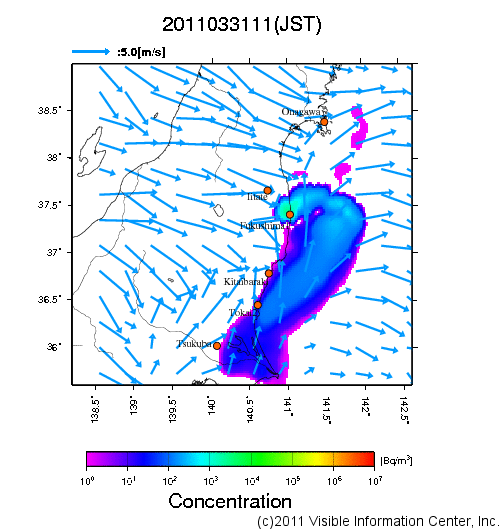 大気中濃度分布[Bq/m3]　2011033111