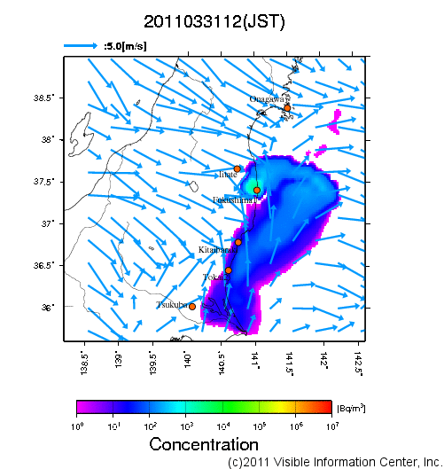 地表付近 大気中濃度分布[Bq/m3]　2011-03-31 12時