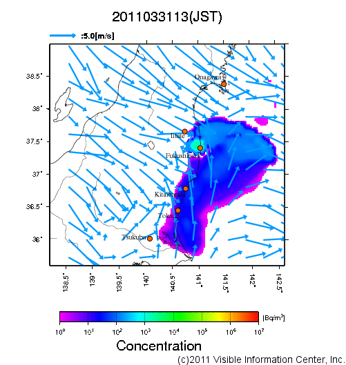 地表付近 大気中濃度分布[Bq/m3]　2011-03-31 13時