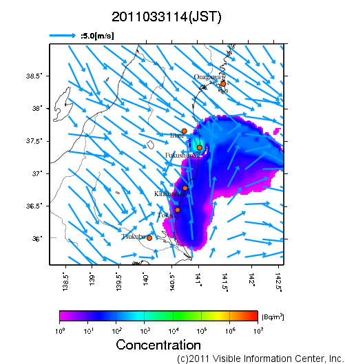 地表付近 大気中濃度分布[Bq/m3]　2011-03-31 14時