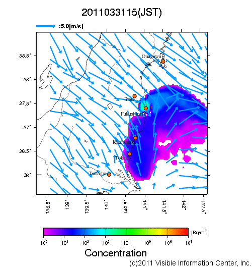 地表付近 大気中濃度分布[Bq/m3]　2011-03-31 15時