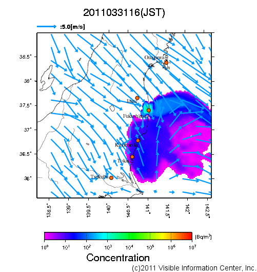 大気中濃度分布[Bq/m3]　2011033116