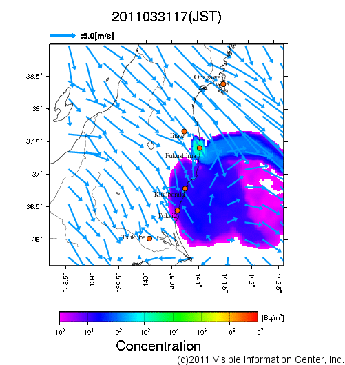 大気中濃度分布[Bq/m3]　2011033117