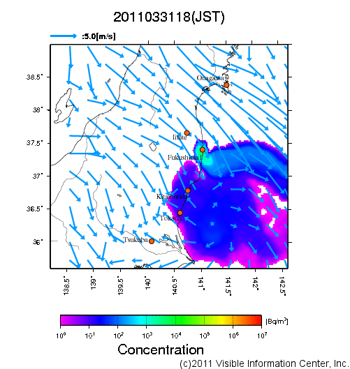 地表付近 大気中濃度分布[Bq/m3]　2011-03-31 18時