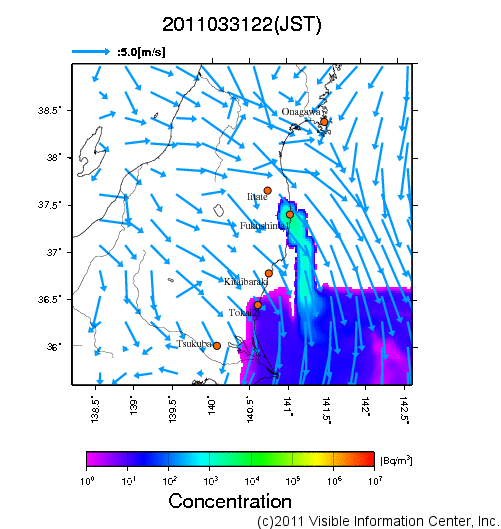 地表付近 大気中濃度分布[Bq/m3]　2011-03-31 22時