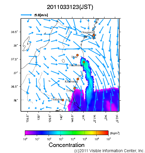 大気中濃度分布[Bq/m3]　2011033123