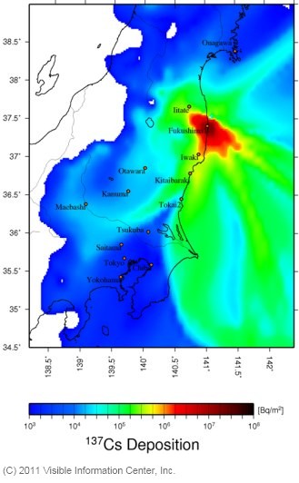 Calculated 137Cs integrated deposition [Bq/m^2] in the greater Tokyo area (from 10:00 March 12th to 0:00 April 6th, 2011)