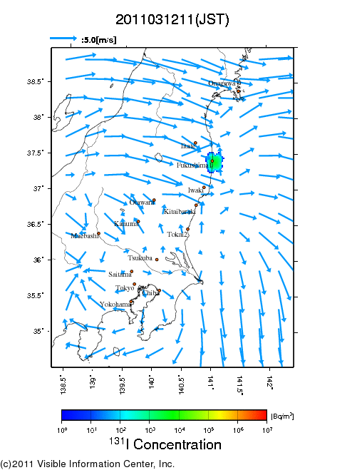 Ground level air concentration [Bq/m3] 2011-03-12 11