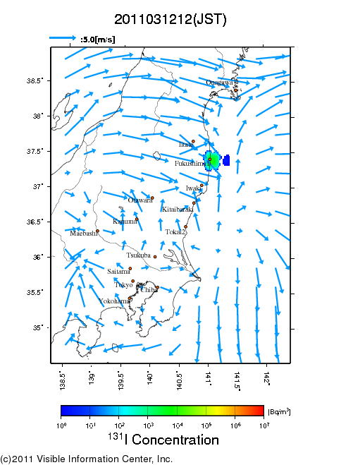 地表付近 大気中濃度分布[Bq/m3]　2011-03-12 12時