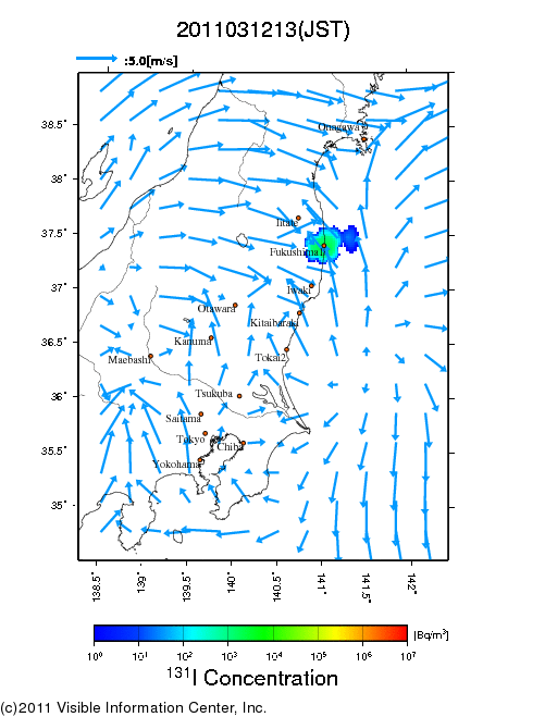 地表付近 大気中濃度分布[Bq/m3]　2011-03-12 13時