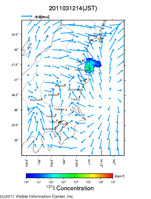 Ground level air concentration [Bq/m3] 2011-03-12 14