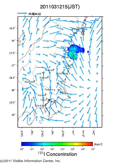 地表付近 大気中濃度分布[Bq/m3]　2011-03-12 15時