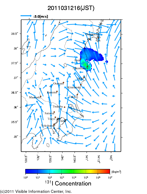 大気中濃度分布[Bq/m3]　2011031216
